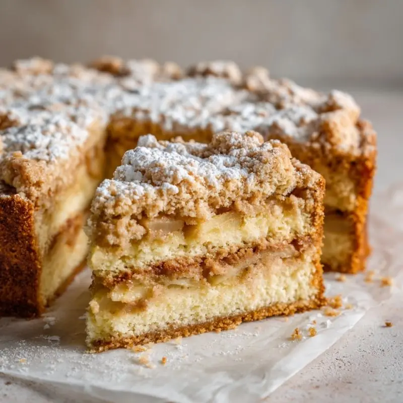 Polish apple cake slice with layered apples and cinnamon crumble topping dusted with powdered sugar