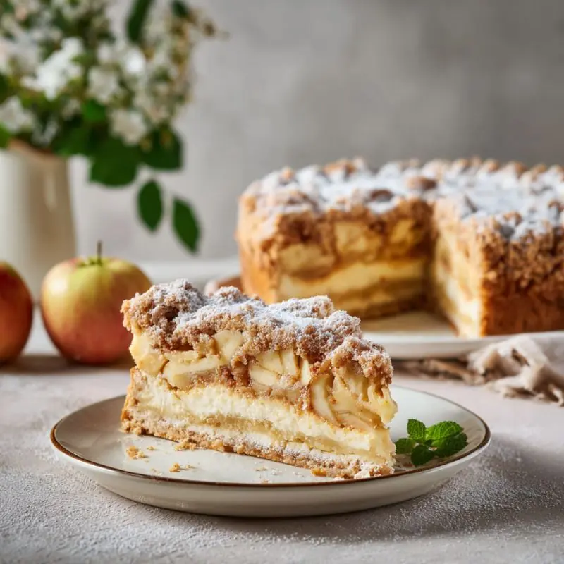 Traditional Polish apple cake slice with cinnamon crumble and powdered sugar on a plate