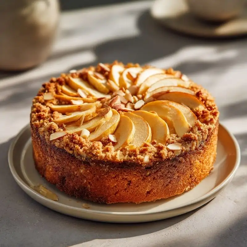 apple almond crumb cake with sliced apples and streusel topping on plate