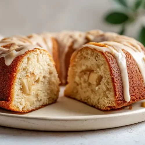apple bundt cake with vanilla glaze drizzle and soft interior crumb
