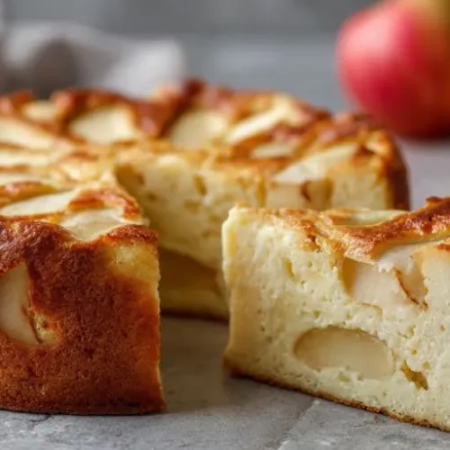 soft apple cake with visible apple slices inside and golden baked top