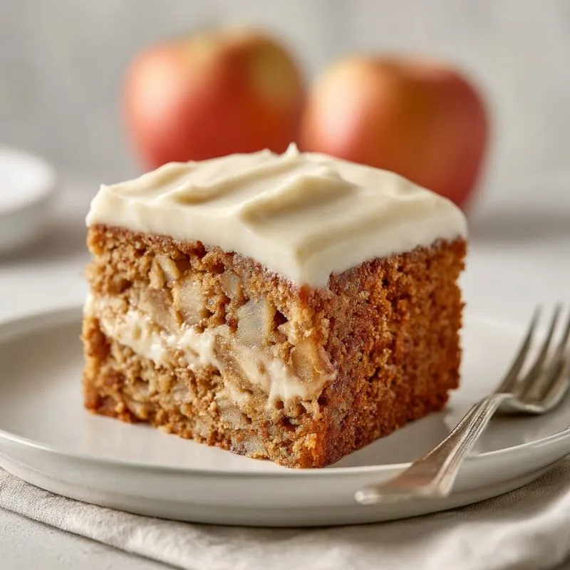 Apple Cake with Cream Cheese Frosting – Soft & Moist Slice slice of apple cake with cream cheese frosting and visible apple chunks served on plate with fork