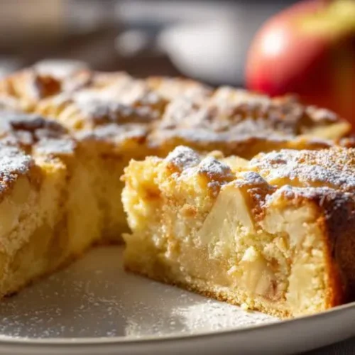 moist homemade apple cake slice with powdered sugar and fresh apples on plate