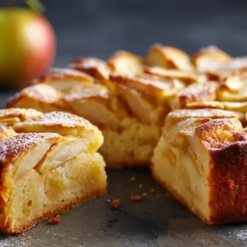 rustic apple cake slices with powdered sugar and fresh apples on dark background