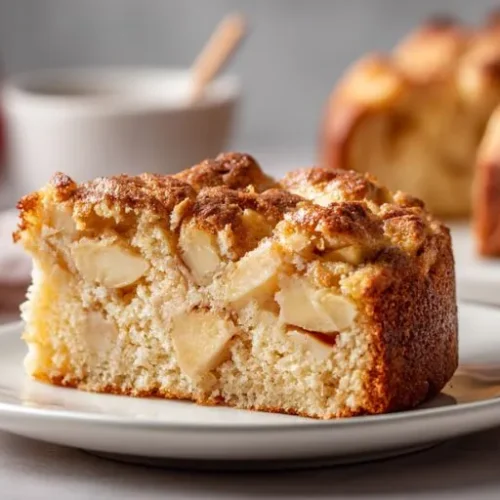 apple cake slice with soft crumb and chunks of baked apples on white plate