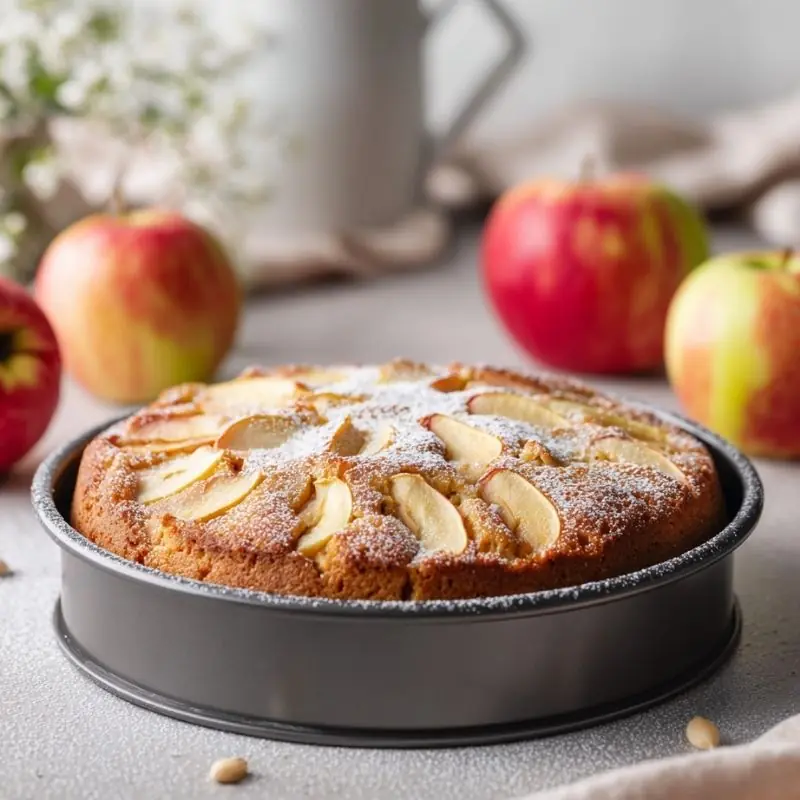 Soft Homemade Apple Cake with Fresh Apples homemade apple cake baked in springform pan topped with fresh apple slices and powdered sugar