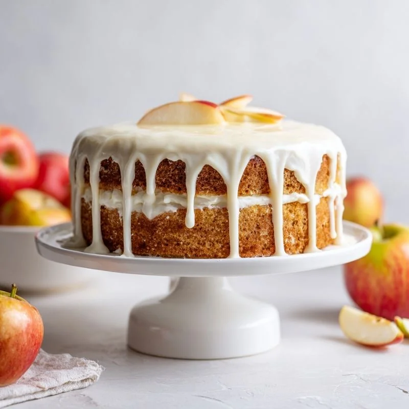 Glazed Apple Layer Cake – Soft, Moist & Bakery Style layered apple cake with creamy glaze dripping over sides topped with fresh apple slices on cake stand