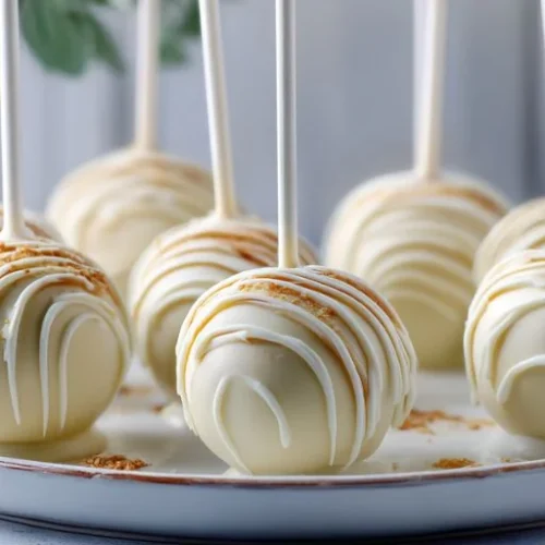White chocolate apple cake pops with drizzle on a plate