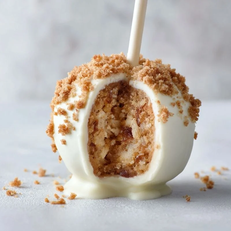 Close-up apple cake pop with white chocolate coating and crumb topping