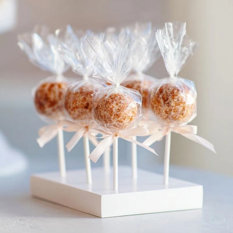 Individually wrapped apple cake pops with ribbon bows on display stand