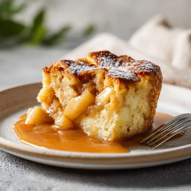 Warm apple cake pudding slice with caramel sauce and powdered sugar on a plate