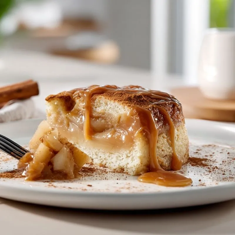 Caramel apple cake pudding slice with cinnamon dusting on a white plate