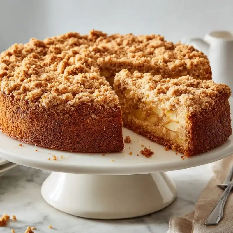 Whole apple streusel cake with slice removed on cake stand