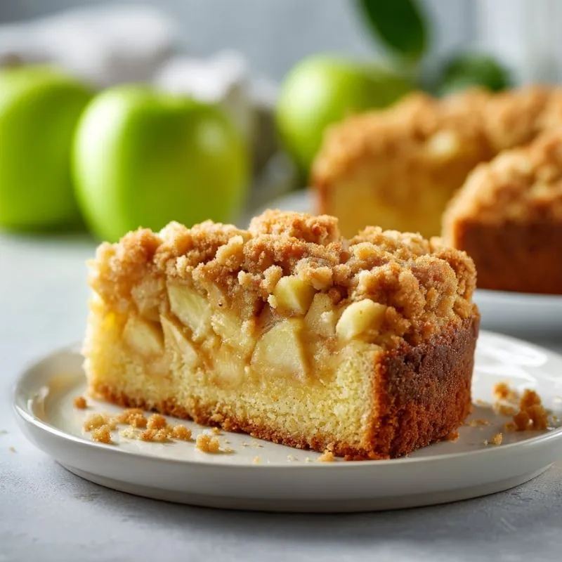 Slice of apple streusel cake with fresh apples in background