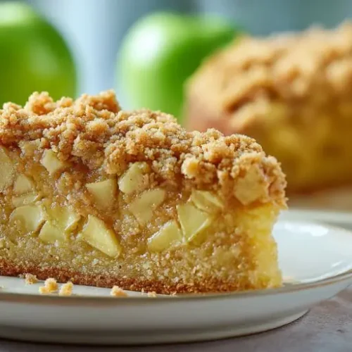Slice of apple cake with streusel topping on white plate