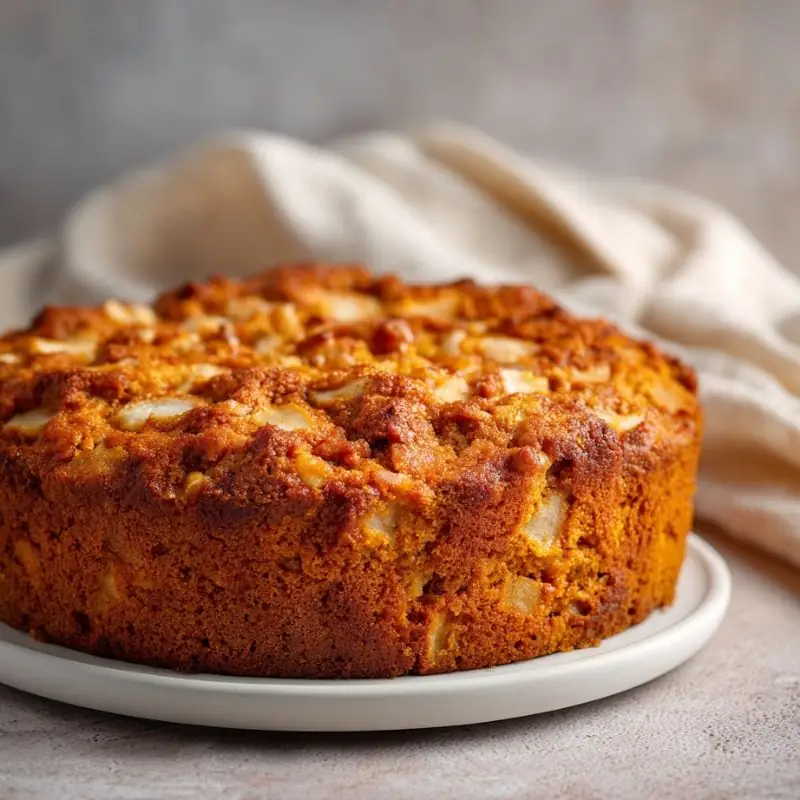 moist apple cinnamon cake with soft crumb and baked apple pieces on top