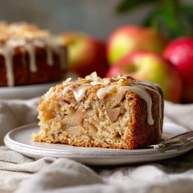 Moist Apple Cinnamon Cake with Vanilla Glaze Moist apple cinnamon cake slice with vanilla glaze and fresh apples in the background