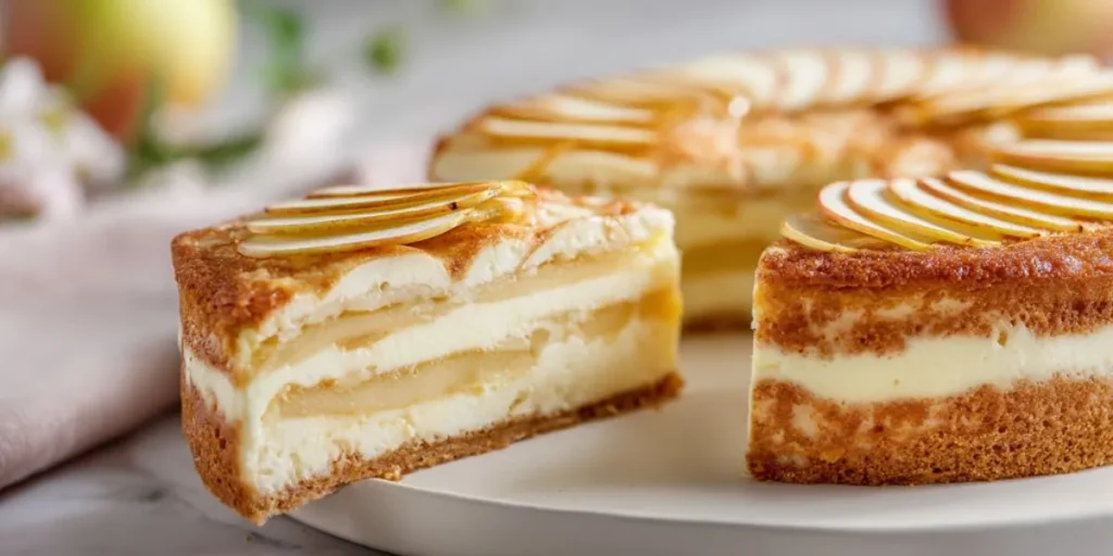 layered apple cream cake with thin apple slices on top and creamy filling between soft cake layers