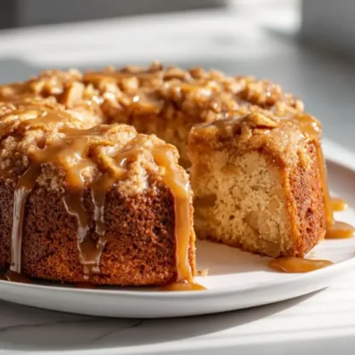 whole apple crumb cake with slice removed and caramel drizzle on top showing moist crumb texture
