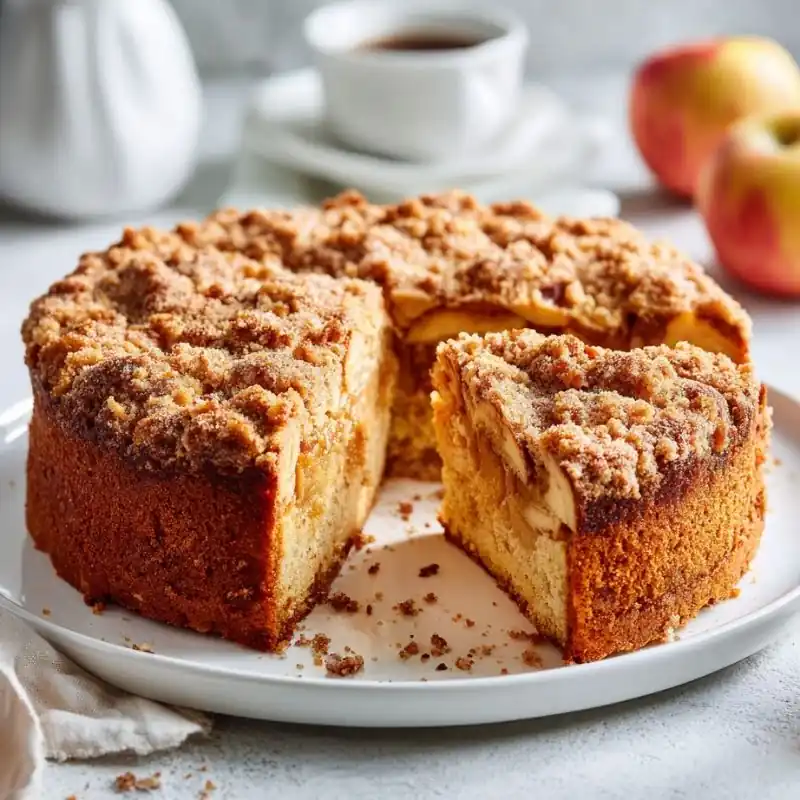 moist apple crumb cake with cinnamon streusel topping and soft apple layers
