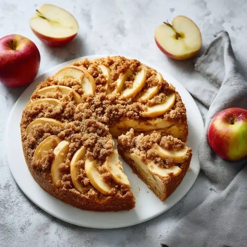 apple crumb cake top view with sliced piece, streusel topping, and fresh apples around
