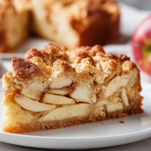 slice of apple pie cake with fresh apple layers and crumb topping on a white plate