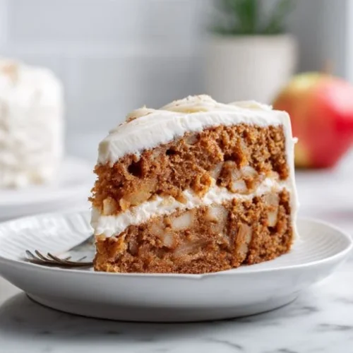slice of apple spice cake with cream cheese frosting and fresh apples on a plate