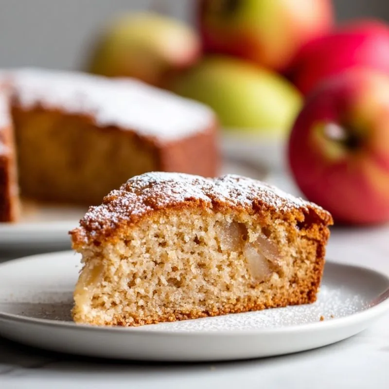 moist homemade applesauce cake slice with powdered sugar on a white plate
