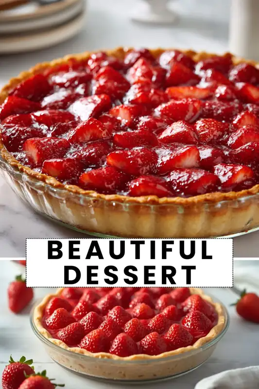 beautiful strawberry dessert tart in glass dish with fresh glossy strawberries and text overlay