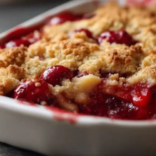 berry crumble dessert with golden topping and juicy fruit filling in baking dish