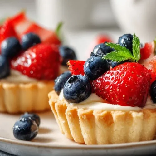 Mini fruit tarts topped with strawberries, blueberries, and cream on a plate