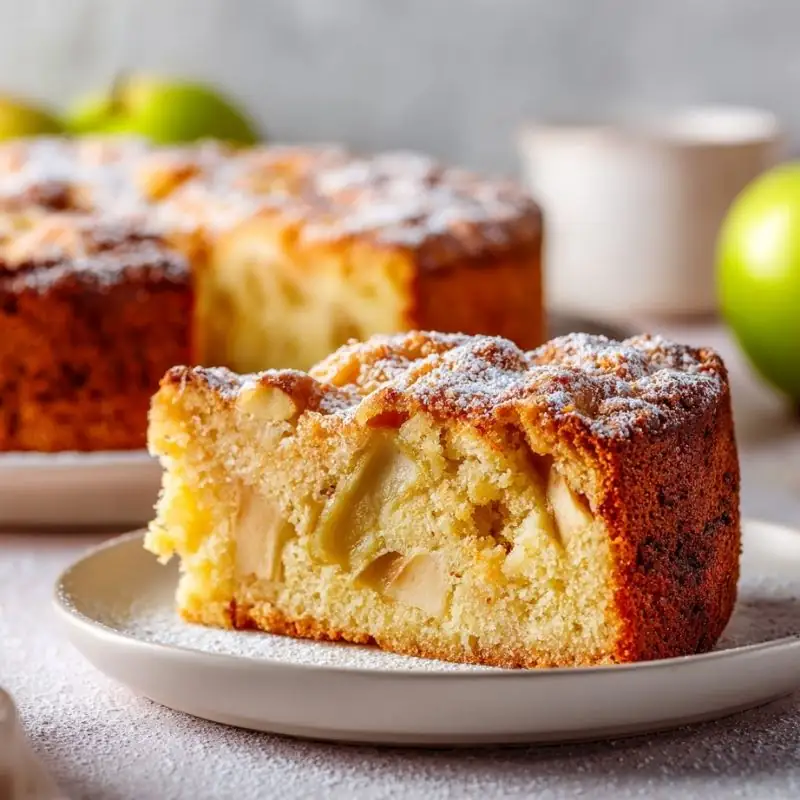 Slice of classic fresh apple cake with powdered sugar on plate