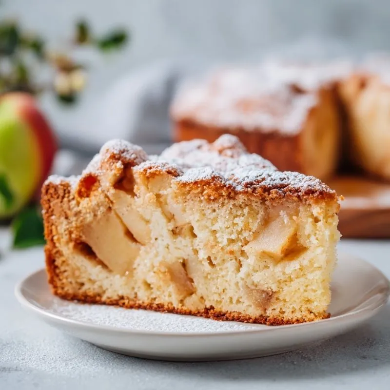 Homemade fresh apple cake slice with powdered sugar on white plate