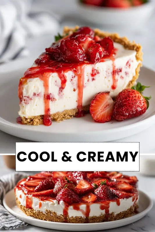 cool creamy strawberry cheesecake with fresh strawberries and glossy sauce shown as slice and whole dessert with text overlay