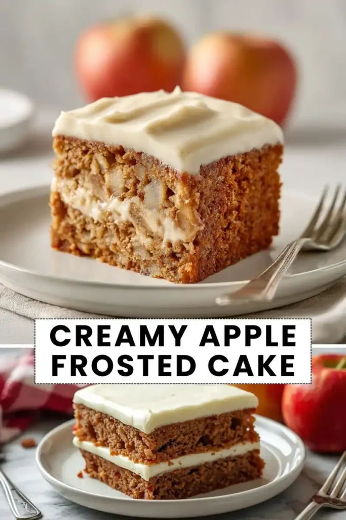 Creamy Apple Frosted Cake – Soft Layers with Rich Filling creamy apple frosted cake slice with soft layers and cream filling served on plate with text overlay