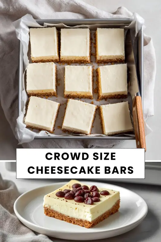 Crowd Size Cheesecake Bars – Easy Creamy Dessert for Parties crowd size cheesecake bars cut into squares in baking pan with graham crust and creamy topping