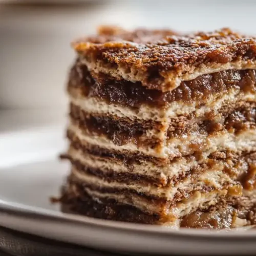 layered coffee cream cake with soft sponge and rich filling on white plate