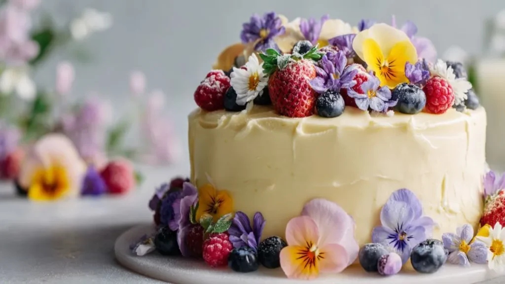 Vanilla cake decorated with fresh berries and edible flowers on a white plate
