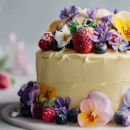 Vanilla cake decorated with fresh berries and edible flowers on a white plate
