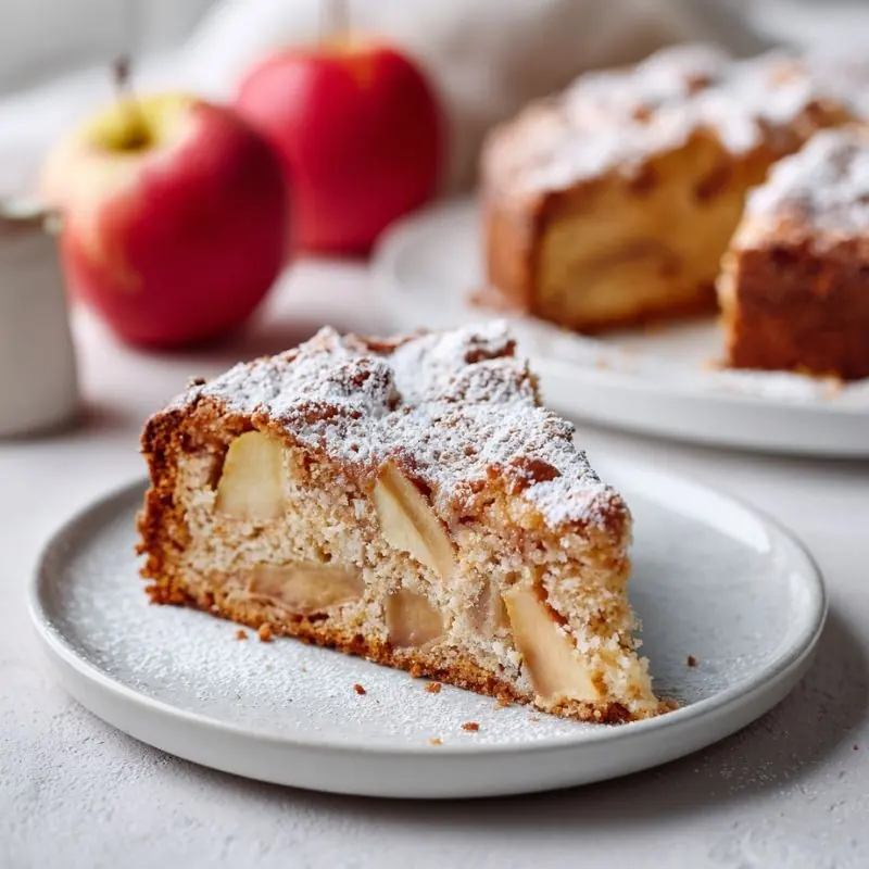 Traditional Irish Apple Cake Recipe with Fresh Apples slice of traditional irish apple cake with fresh apple chunks and powdered sugar