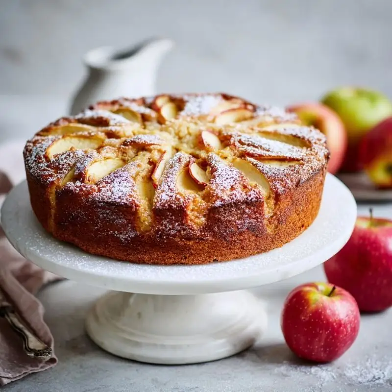 Traditional Irish Apple Cake with Fresh Apple Slices traditional irish apple cake topped with sliced apples and powdered sugar