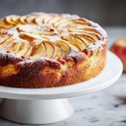 traditional irish apple cake topped with fresh apple slices and powdered sugar