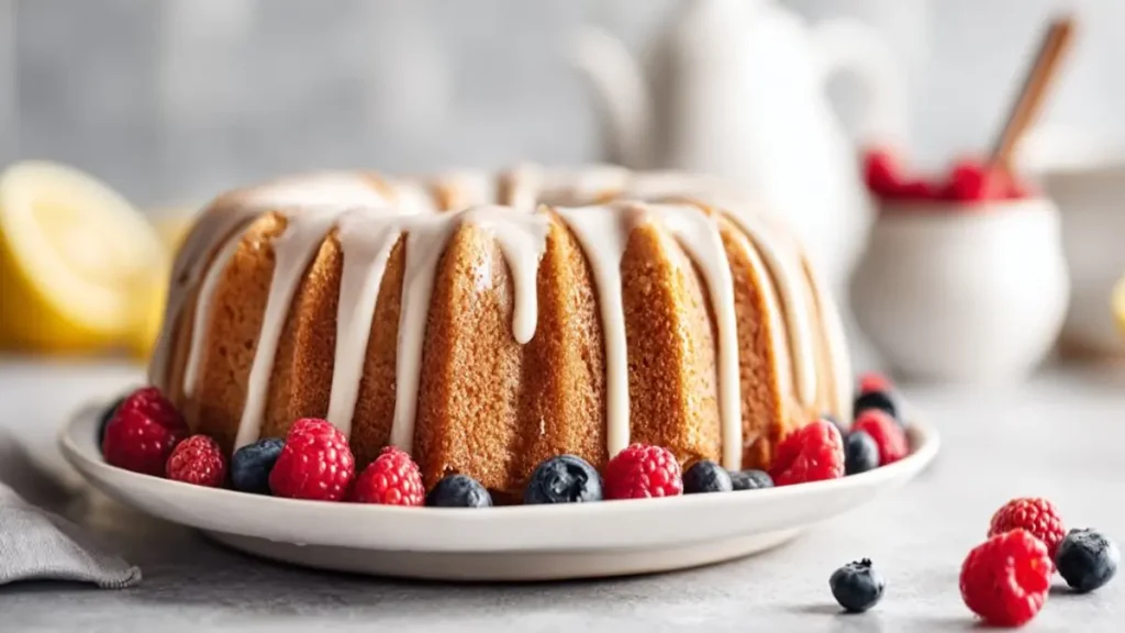 lemon bundt cake with white glaze topped with fresh raspberries and blueberries on plate