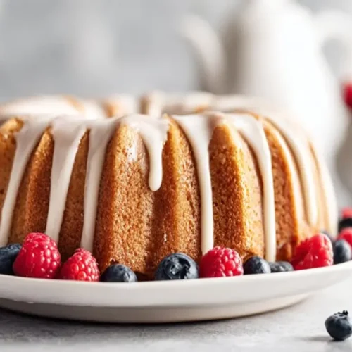 lemon bundt cake with white glaze topped with fresh raspberries and blueberries on plate