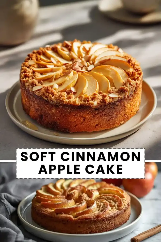 soft cinnamon apple cake with sliced apples and streusel topping on plate
