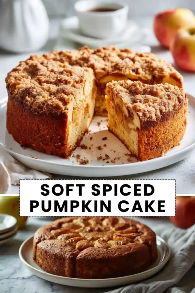 soft spiced pumpkin cake with crumb topping and moist interior slices