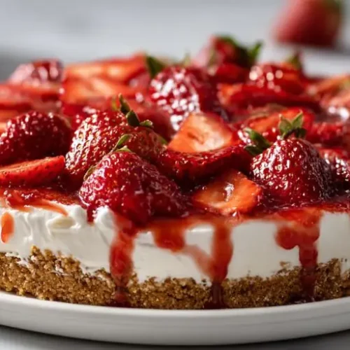 strawberry cheesecake with fresh strawberries and glossy sauce on creamy filling and crumb crust