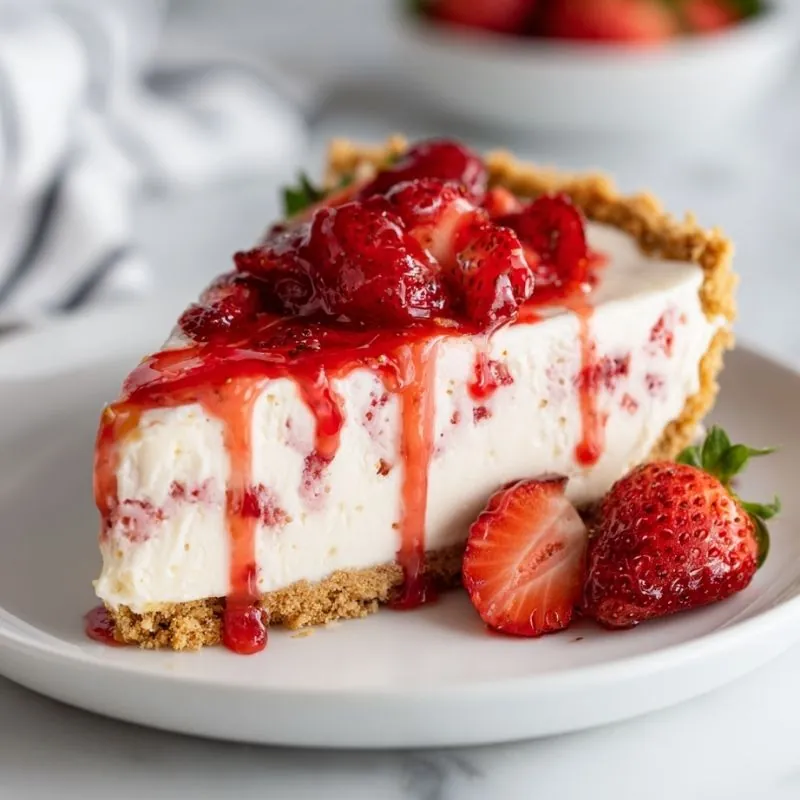 slice of strawberry cheesecake with creamy filling, fresh strawberries, and glossy sauce on a plate
