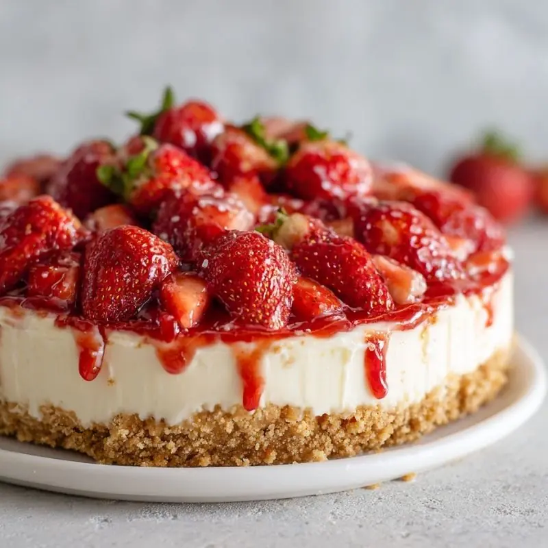 whole strawberry cheesecake with creamy filling and fresh strawberries topped with glossy sauce