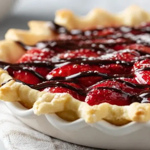 strawberry tart with chocolate drizzle and flaky crust close-up